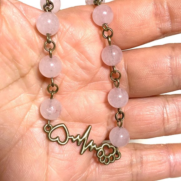 Natural Pink Rose Quartz Necklace, Bronze Paw Print Heart Beat+ Genuine Gemstone - Picture 14 of 14